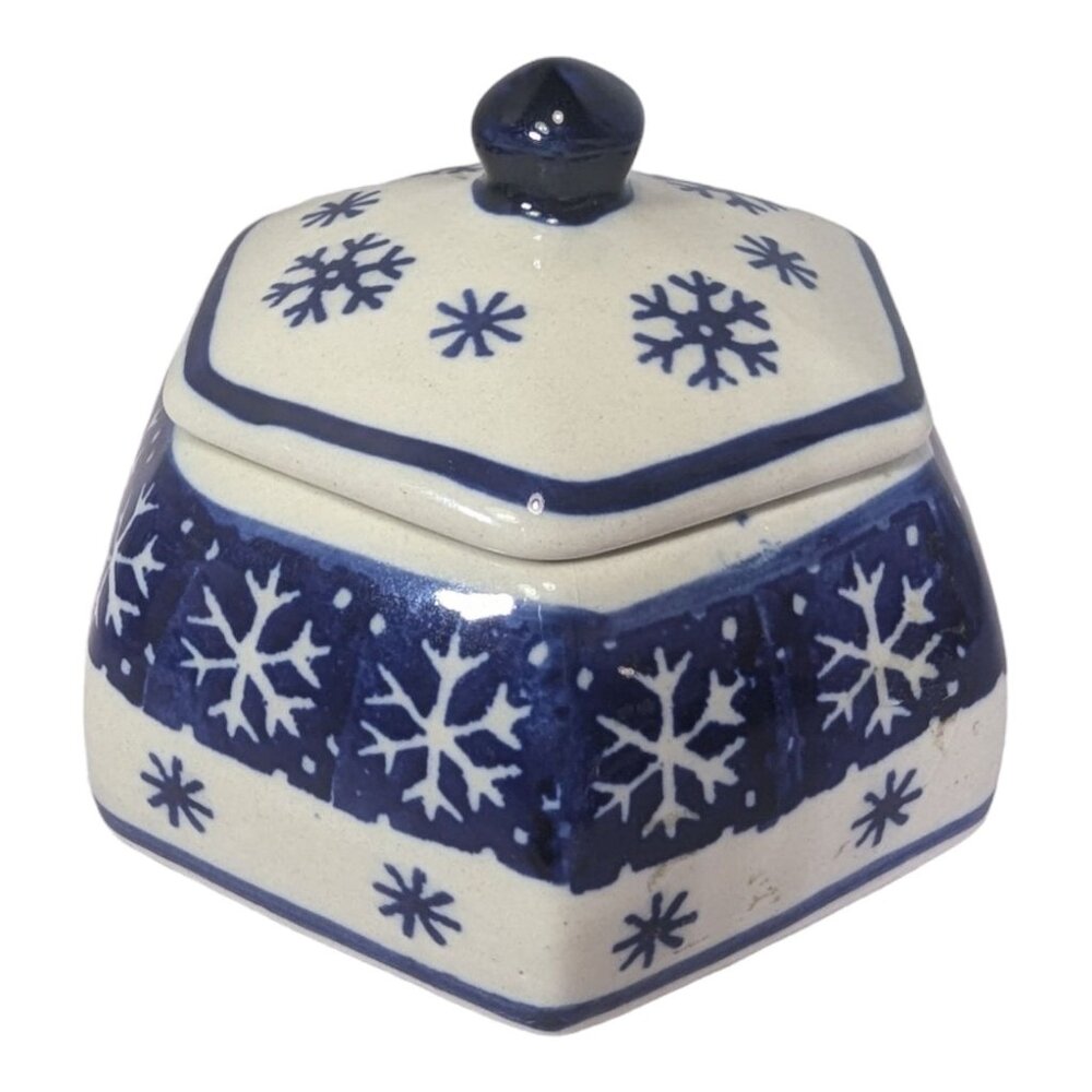 Polish Pottery Trinket Box Boleslawiec Hexagon Snow Flake Pattern - Picture 1 of 5
